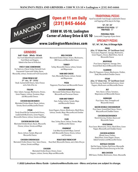 Mancinos ludington - HOURS Sunday - Thursday 11:00AM – 9:00PM. Friday & Saturday 11:00AM - 10:00PM. bottom of page 